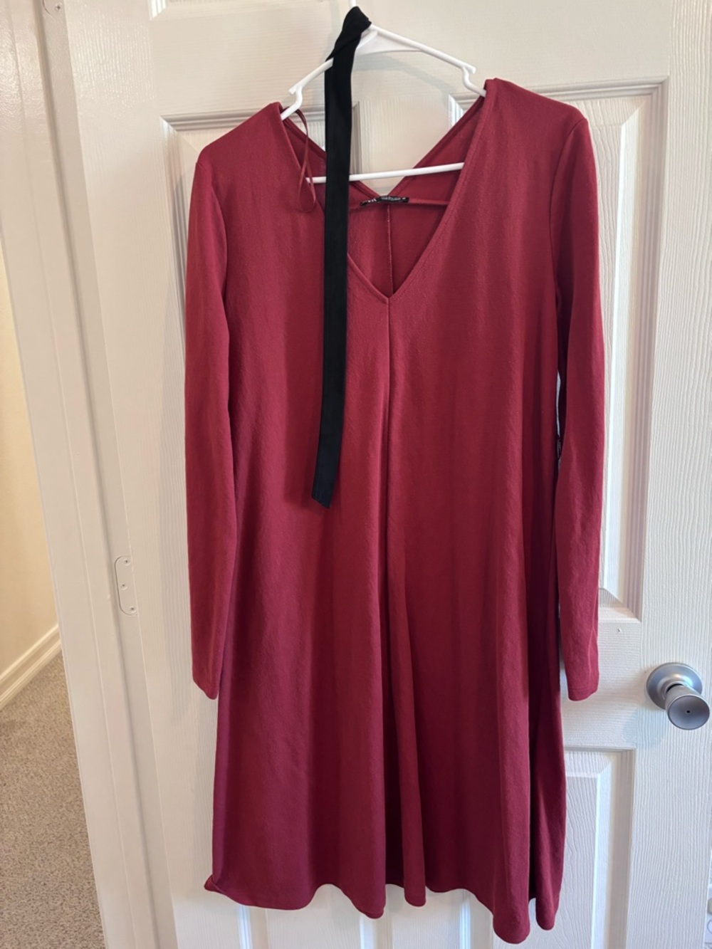 ZaraLong Sleeve V-Neck Midi Dress in Deep Red
